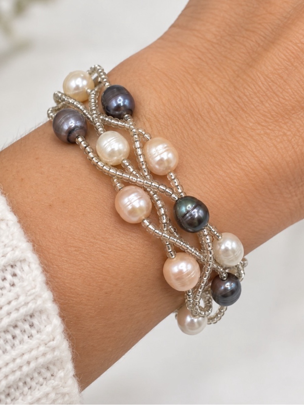 Freshwater Pearl & Silver Beaded Multi-Strand Bracelet & magnetic clasp